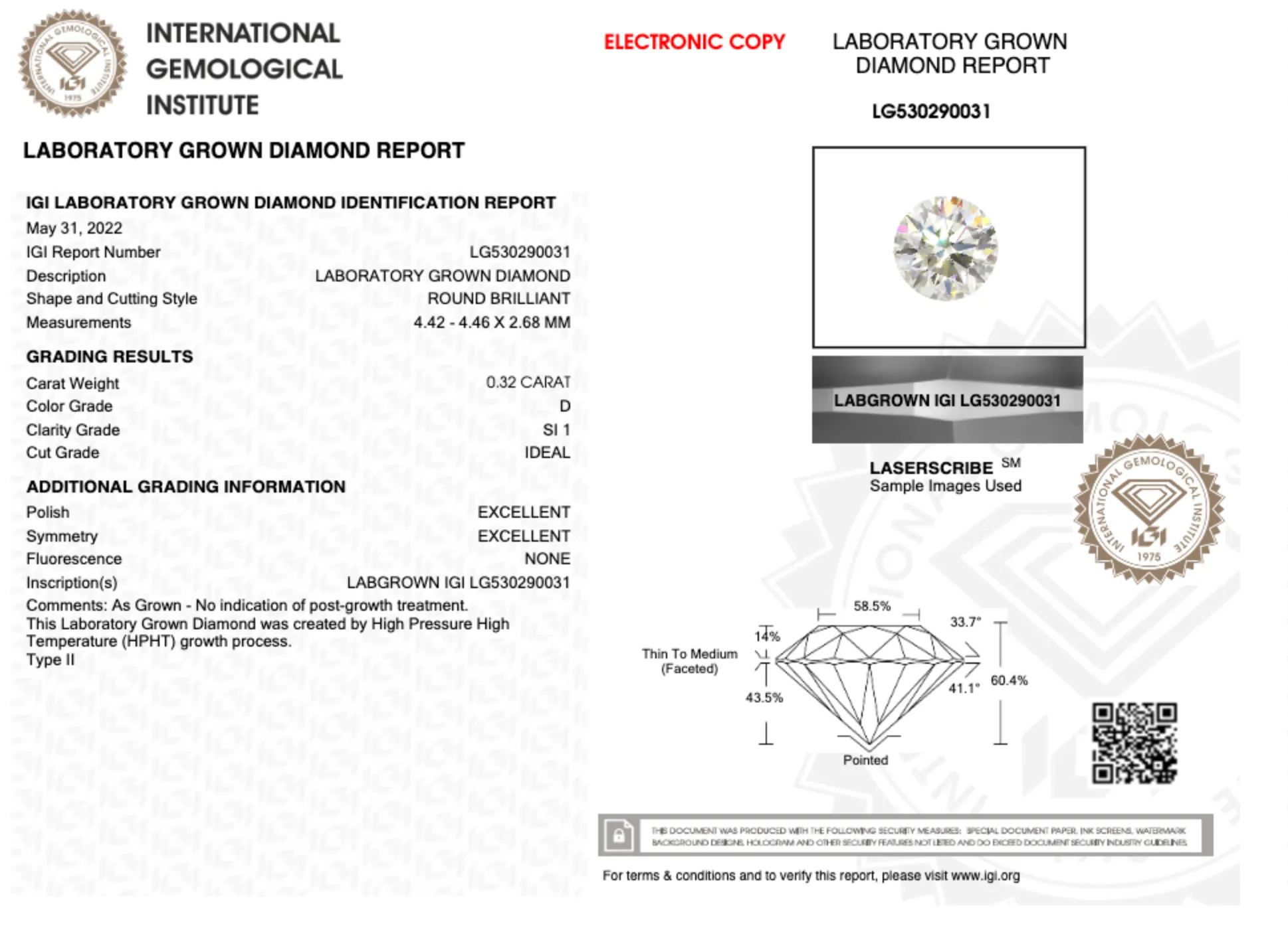 0.32CT Round D SI1 IDEAL EX EX NONE- LG530290031