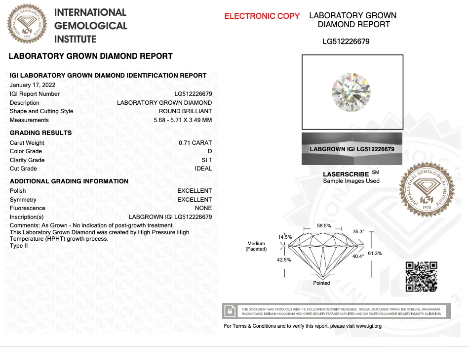 0.71CT Round D SI1 IDEAL 3EX NONE - LG512226679