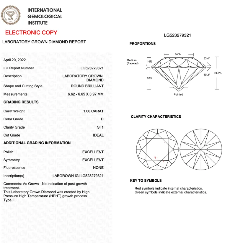 1.06CT Round D SI1 IDEAL 3EX NONE - LG523279321