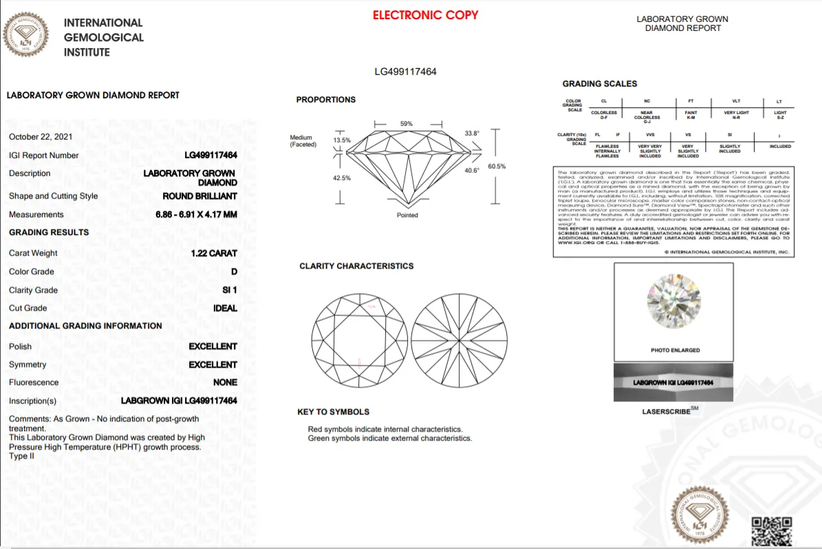 1.22CT Round D SI1 IDEAL EX EX NONE - LG499117464