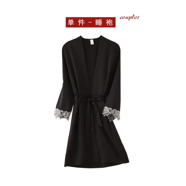 5PC Silk Robe Sleep Suit Women's Lace Satin Pajamas