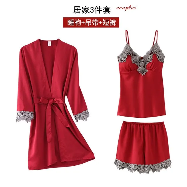 5PC Silk Robe Sleep Suit Women's Lace Satin Pajamas