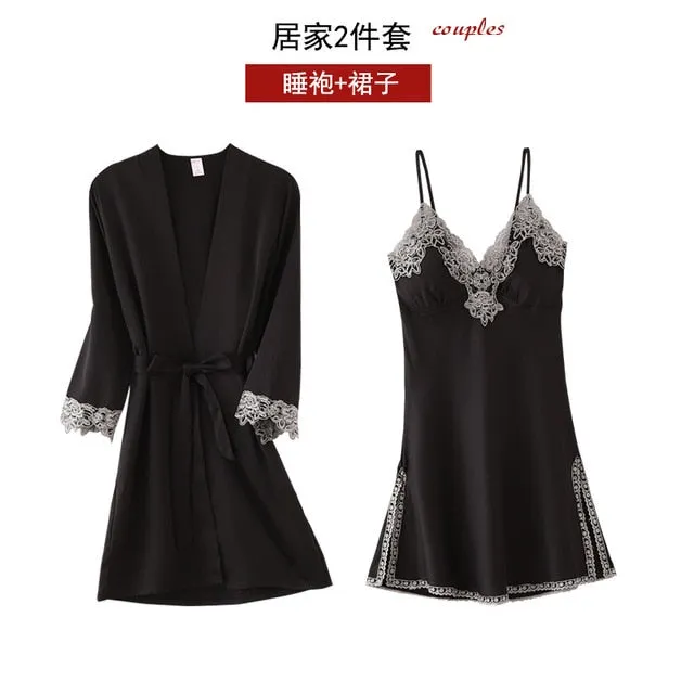 5PC Silk Robe Sleep Suit Women's Lace Satin Pajamas