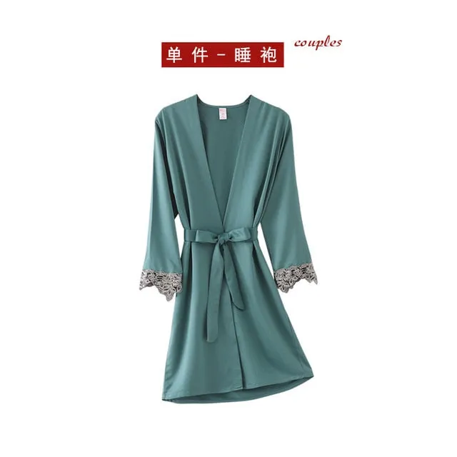 5PC Silk Robe Sleep Suit Women's Lace Satin Pajamas