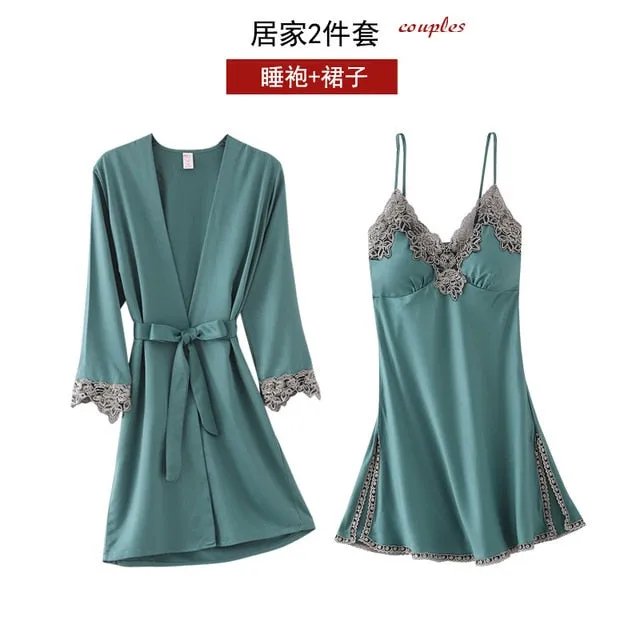 5PC Silk Robe Sleep Suit Women's Lace Satin Pajamas