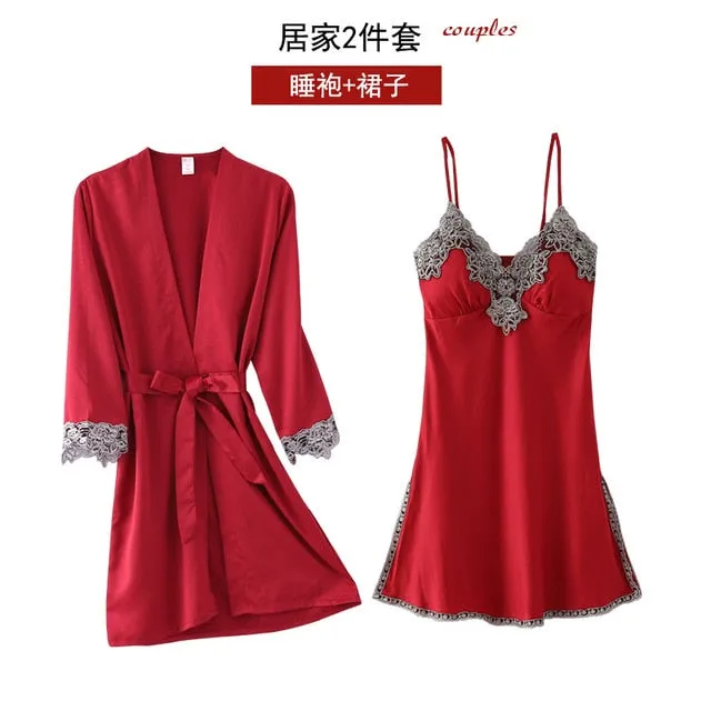 5PC Silk Robe Sleep Suit Women's Lace Satin Pajamas