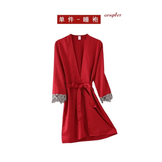 5PC Silk Robe Sleep Suit Women's Lace Satin Pajamas