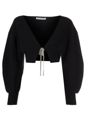 Alexander Wang Crystal Tie V-Neck Cropped Cardigan - Black