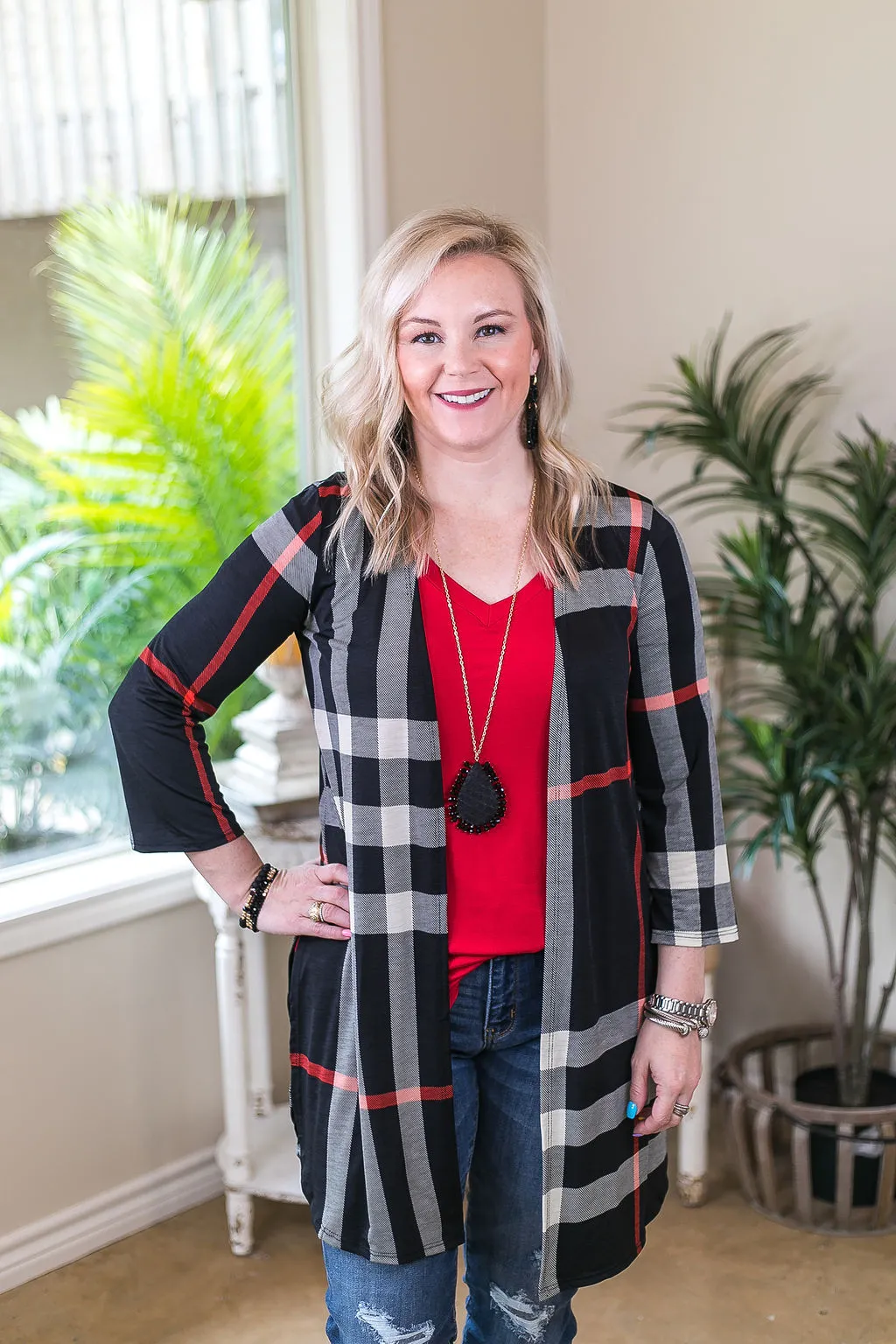 All Eyes On You Large Plaid Cardigan in Black