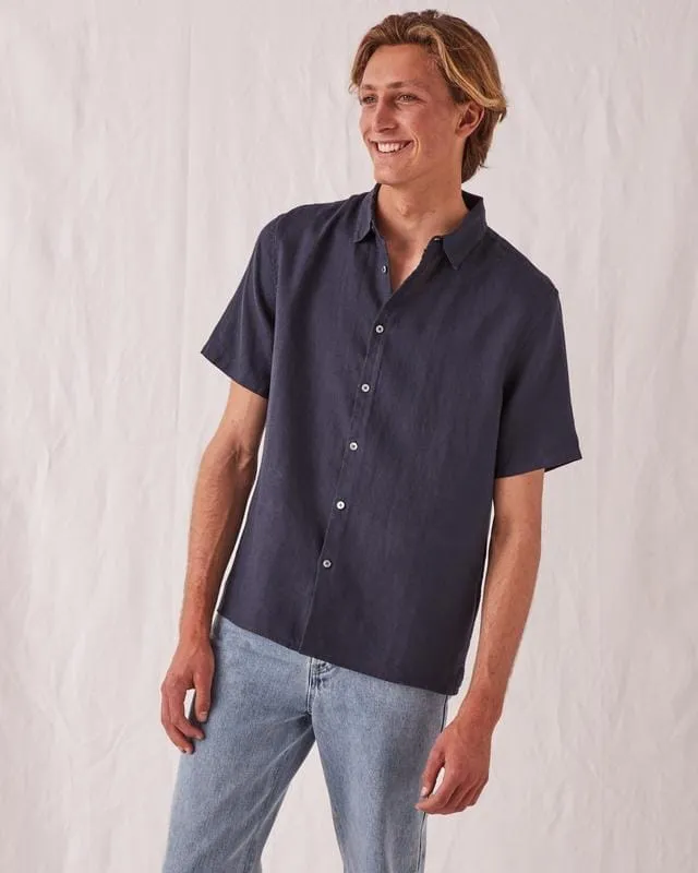 Assembly Label Casual Short Sleeve Linen Shirt - True Navy