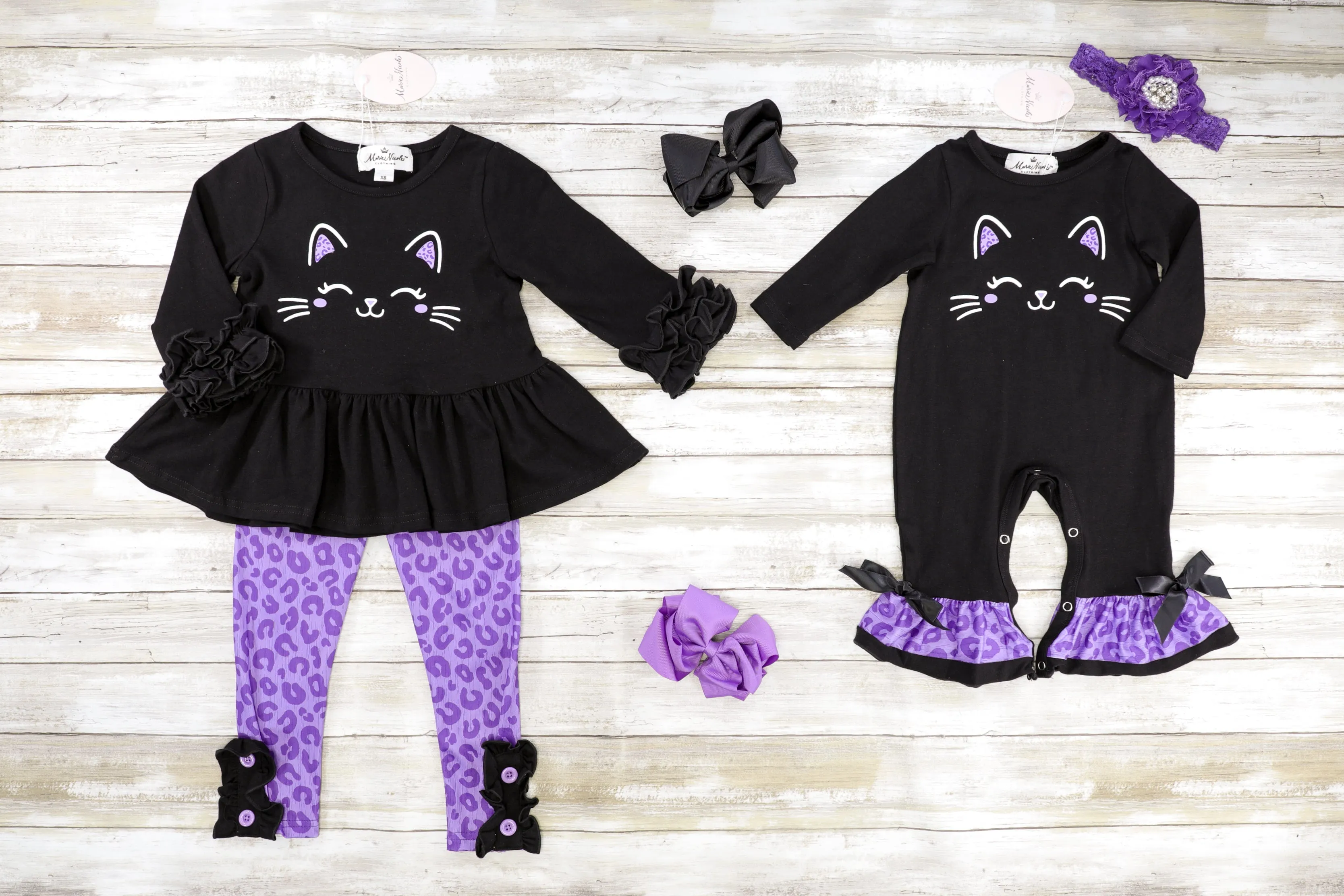 Black Cat Ruffle Peplum Top & Purple Leopard Print Bottoms Outfit