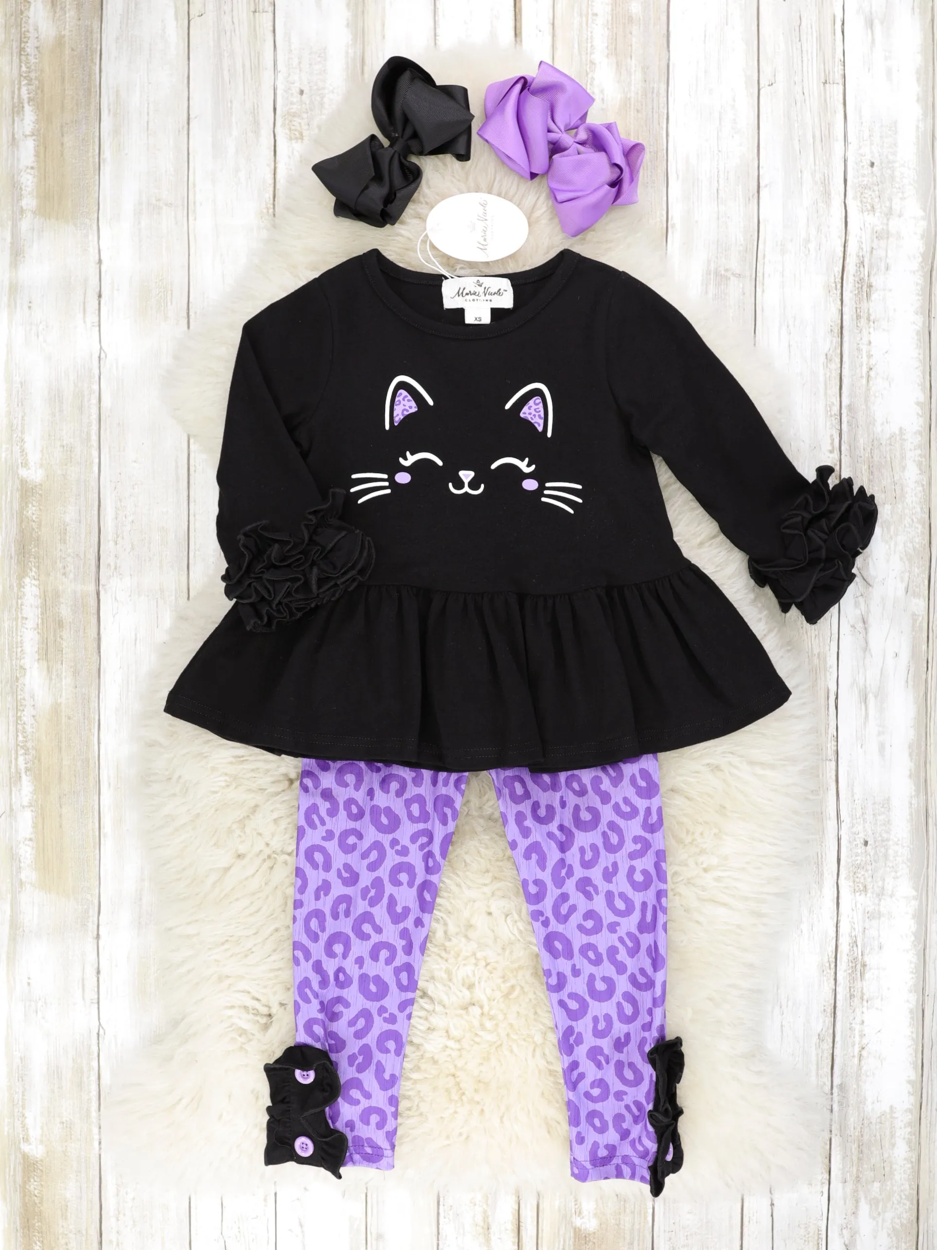 Black Cat Ruffle Peplum Top & Purple Leopard Print Bottoms Outfit