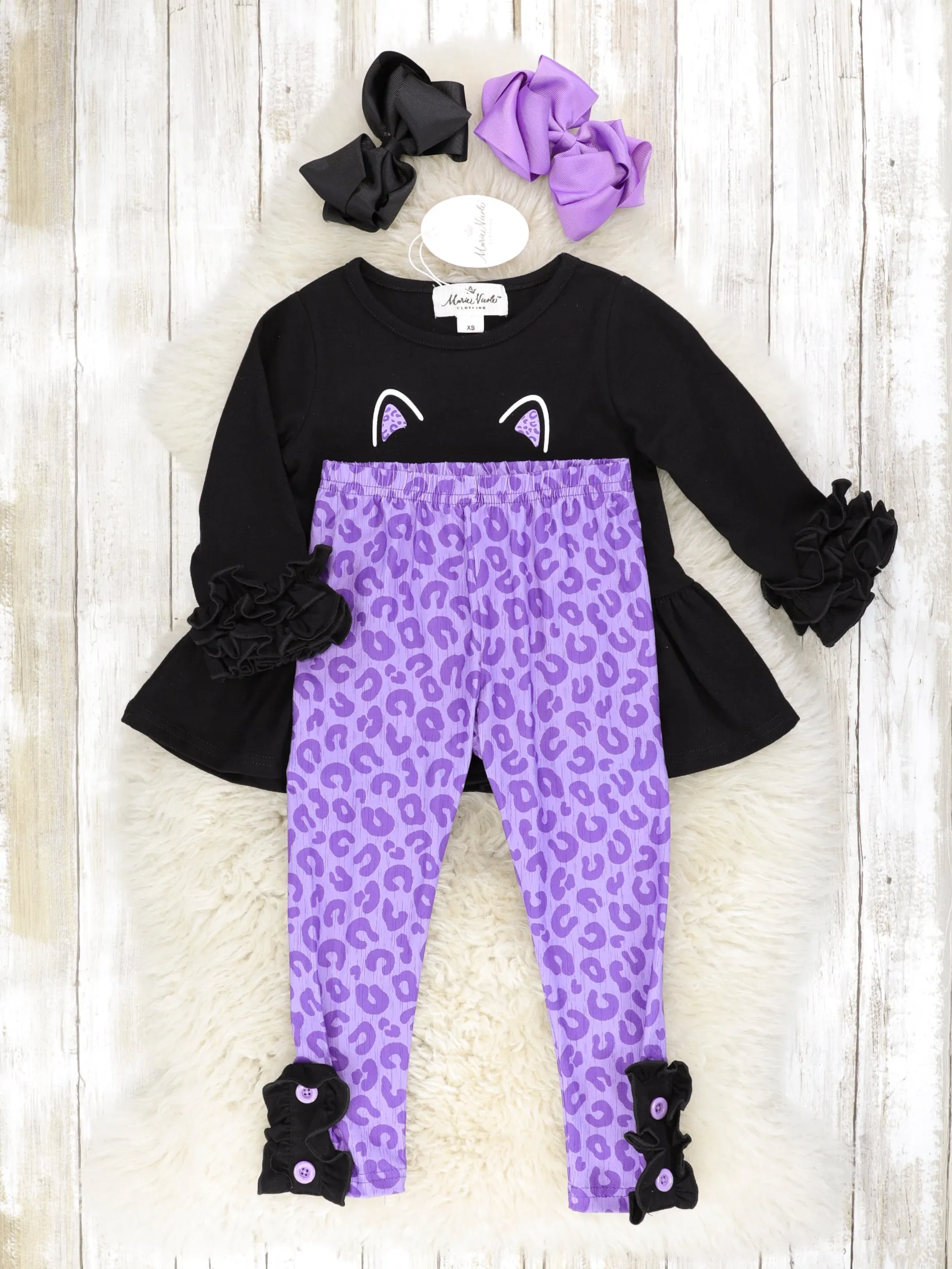 Black Cat Ruffle Peplum Top & Purple Leopard Print Bottoms Outfit