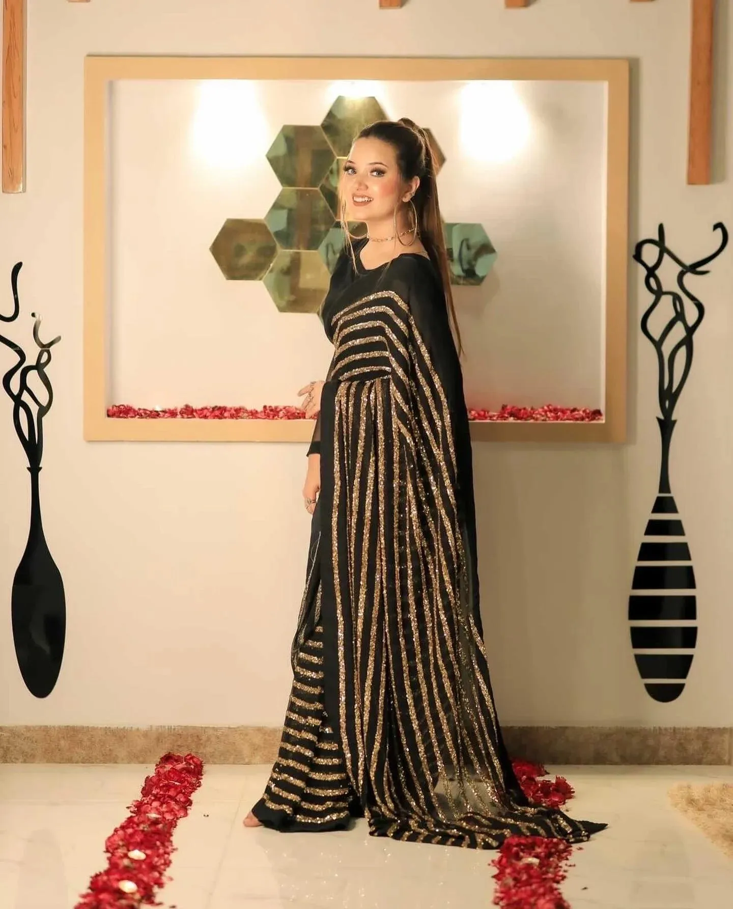 Black Premium Blooming Georgette Sequins Work Designer Saree