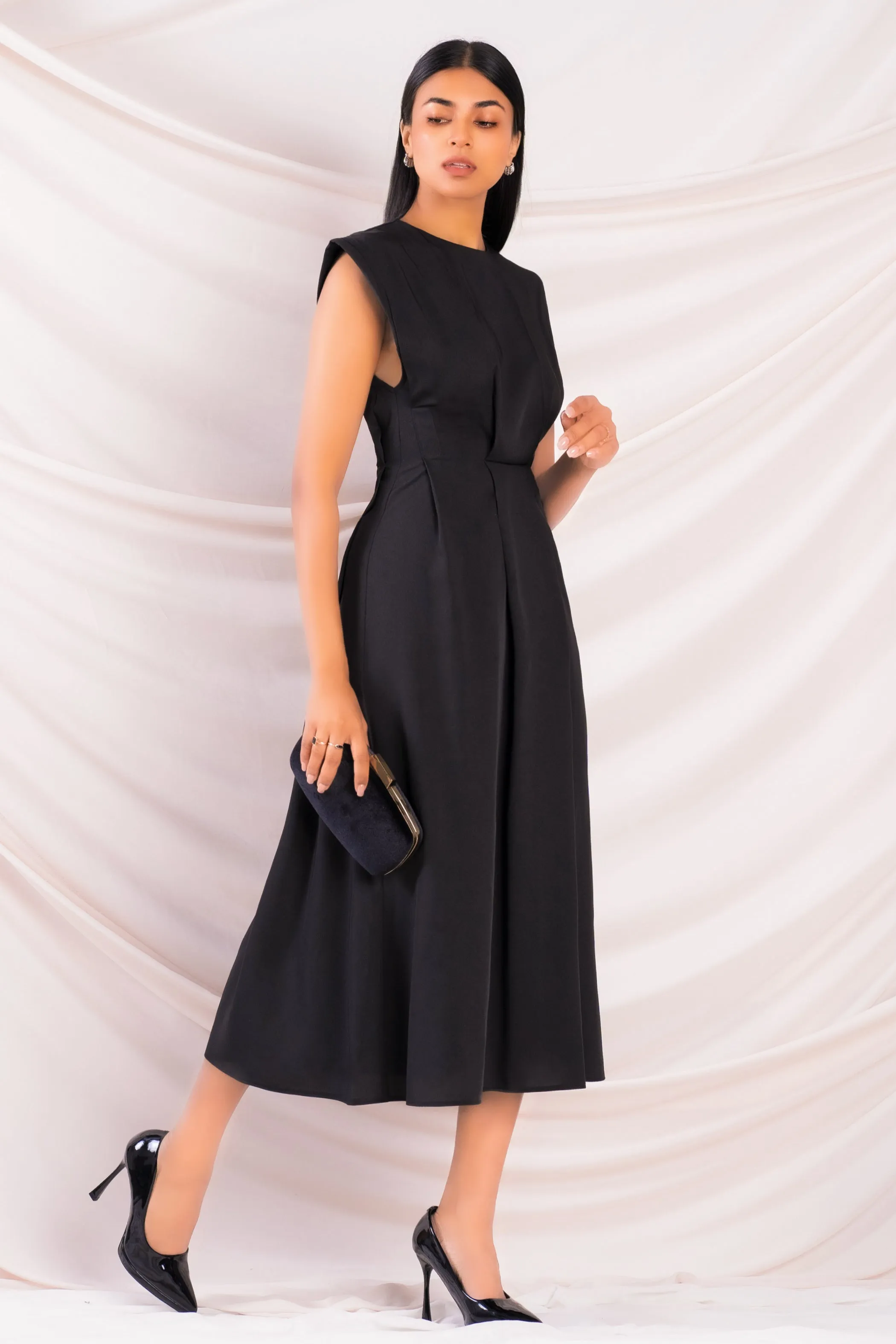 Black Waist Detail Midi Dress