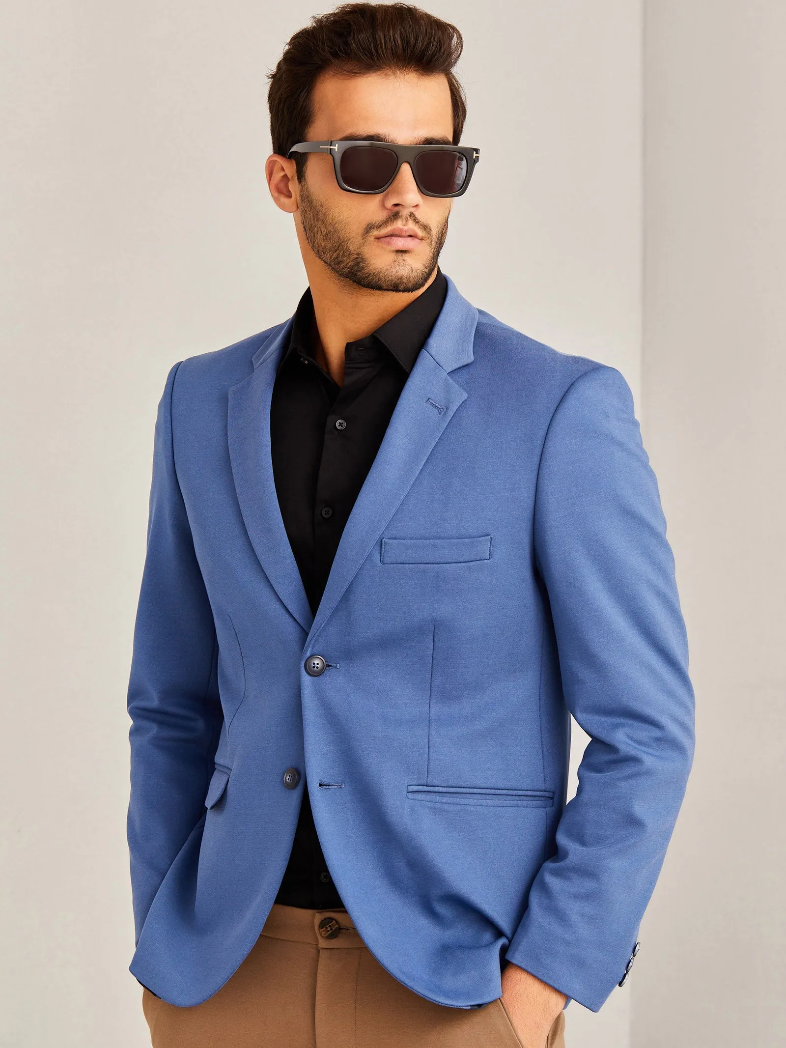 Blue Solid 4-Way Stretch Blazer