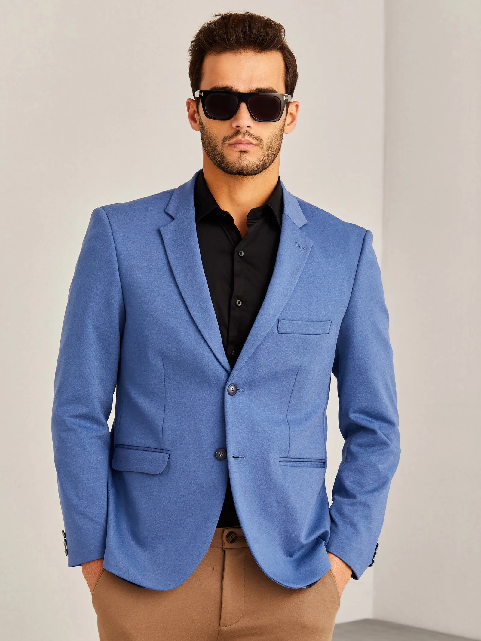 Blue Solid 4-Way Stretch Blazer