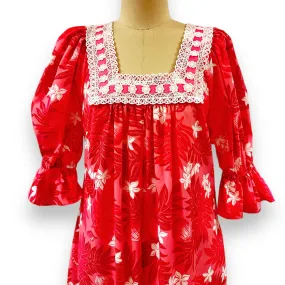 Bright Pink Plumeria and Fern Print Lace trim Muumuu 8891