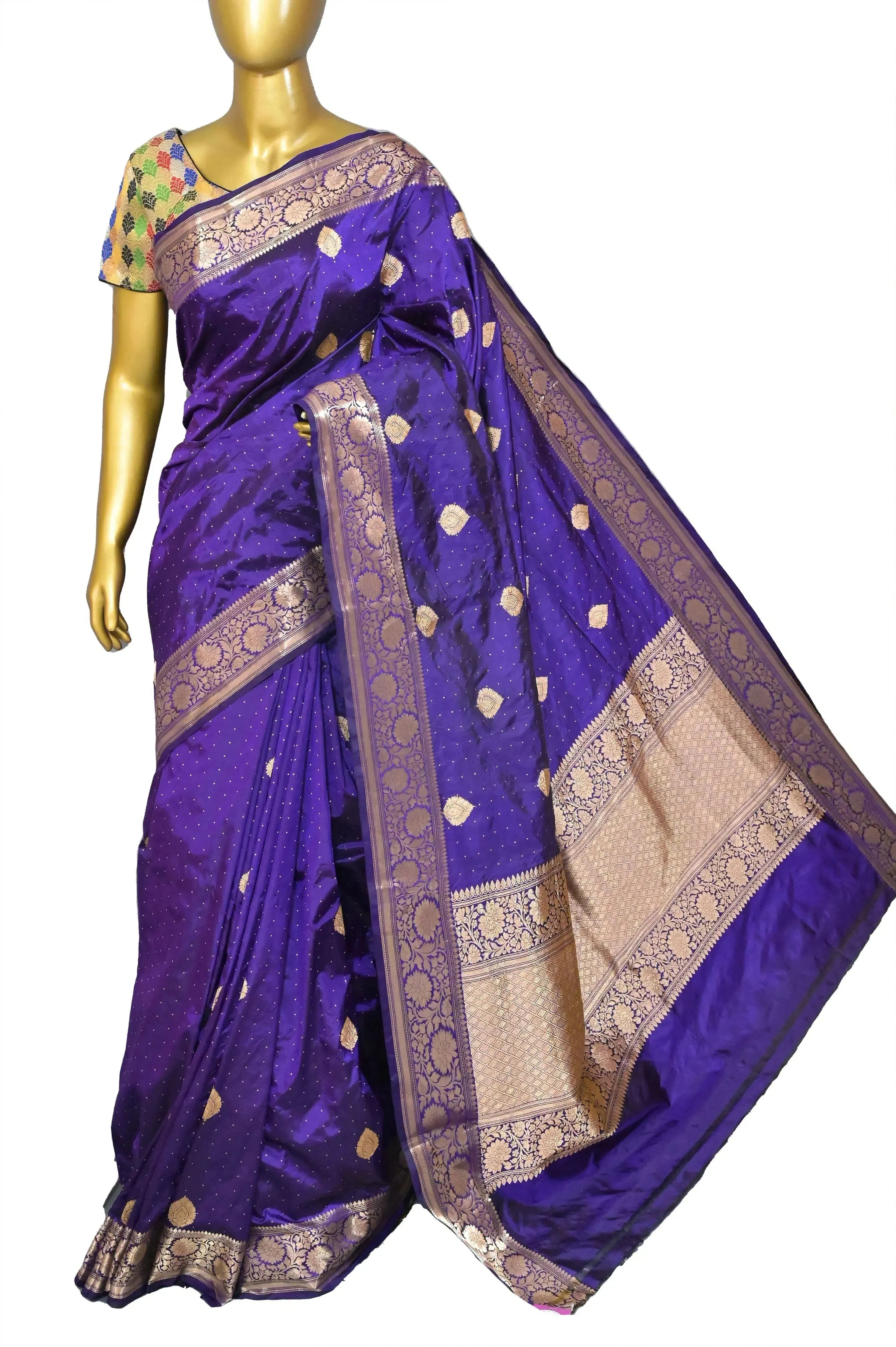 Brinjal Color Pure Katan Banarasi Saree with Golden Zari Buti and Leaf Motif