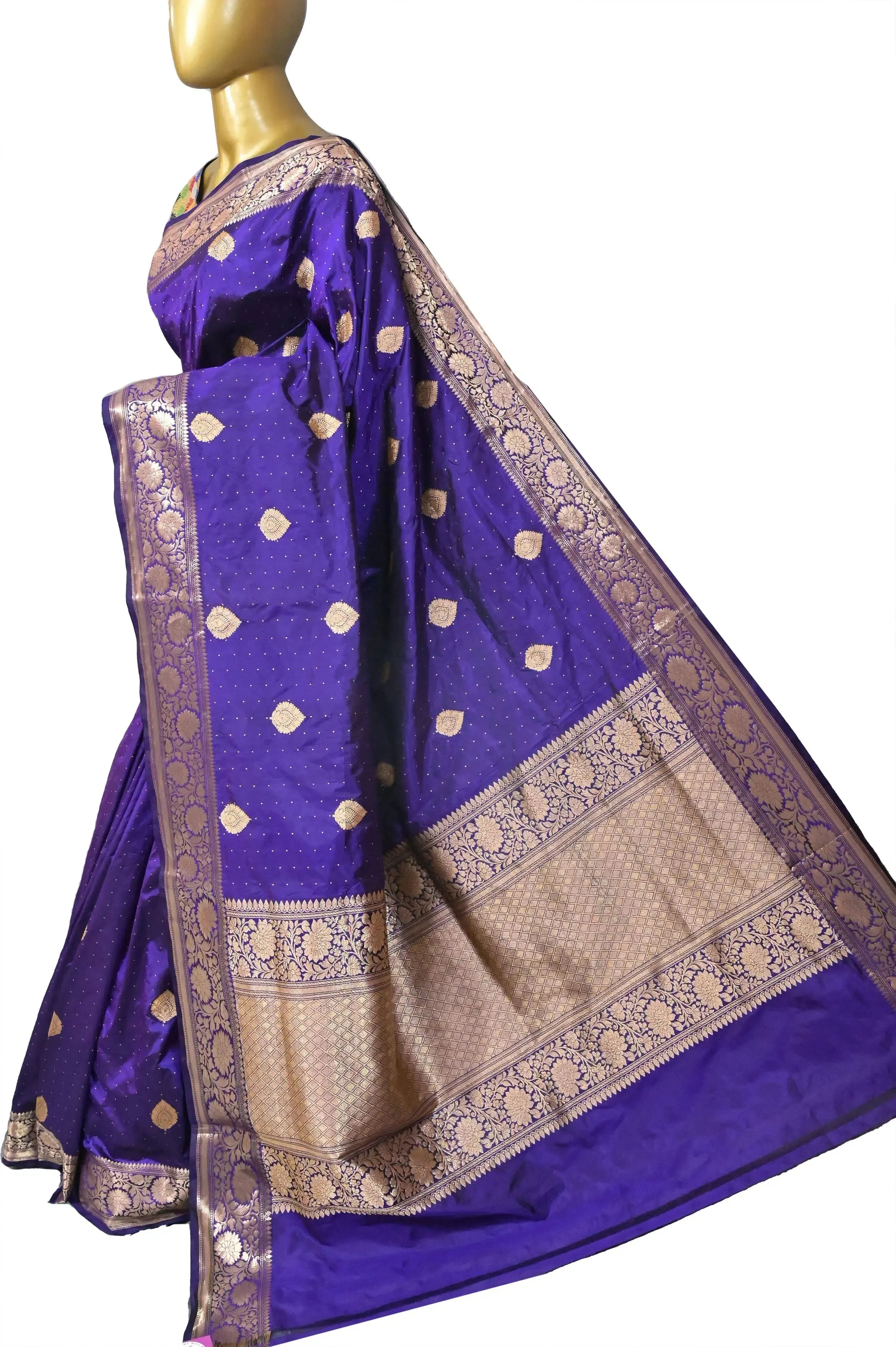 Brinjal Color Pure Katan Banarasi Saree with Golden Zari Buti and Leaf Motif