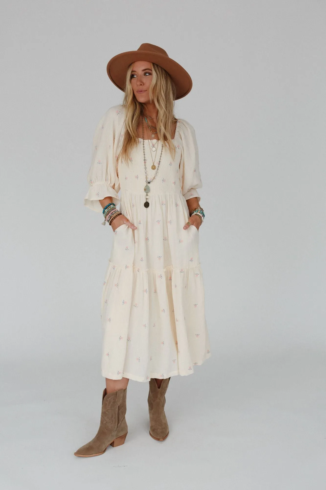 Cream Maxi Dress with Dahlia Floral Embroidery