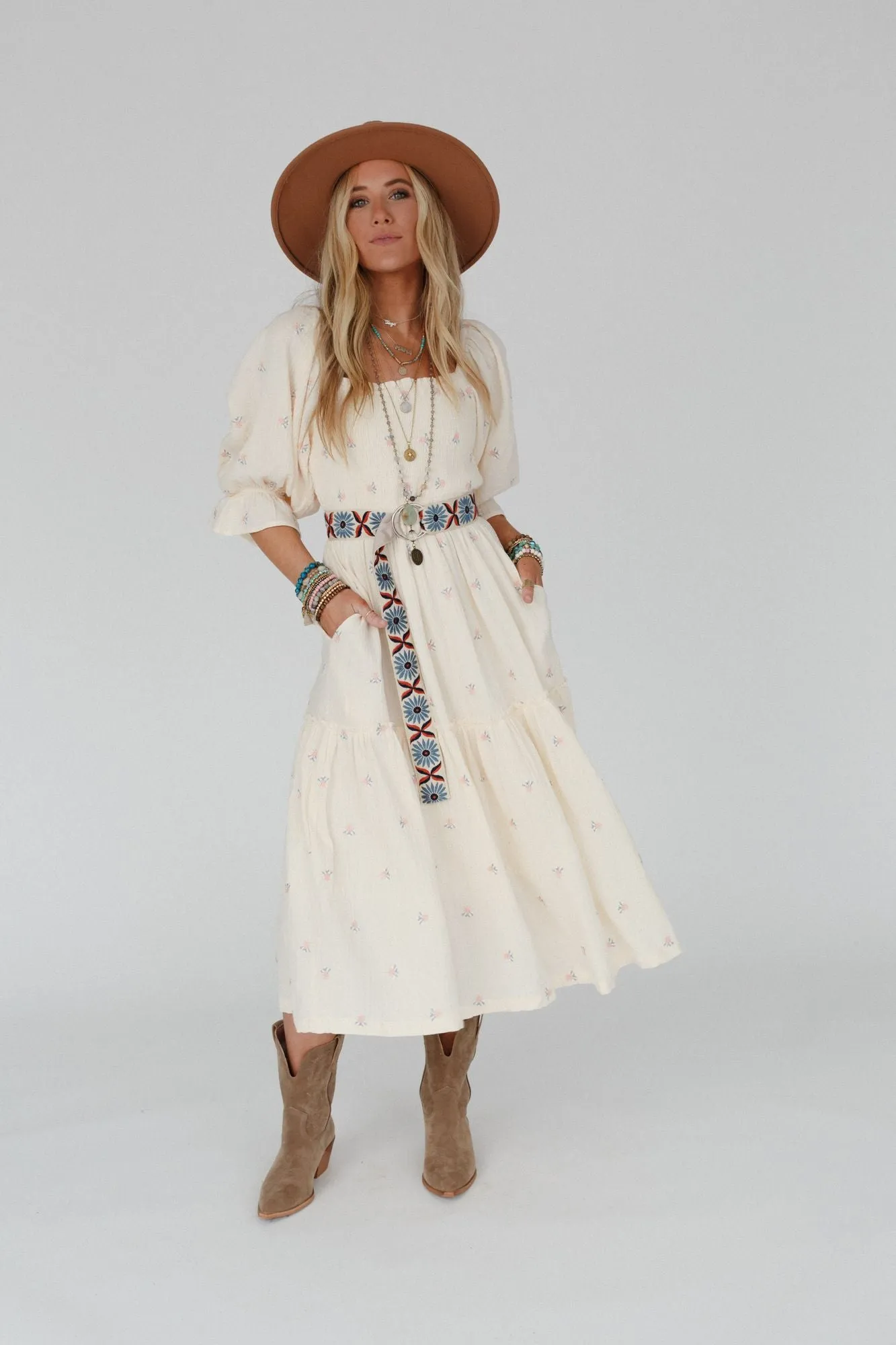 Cream Maxi Dress with Dahlia Floral Embroidery