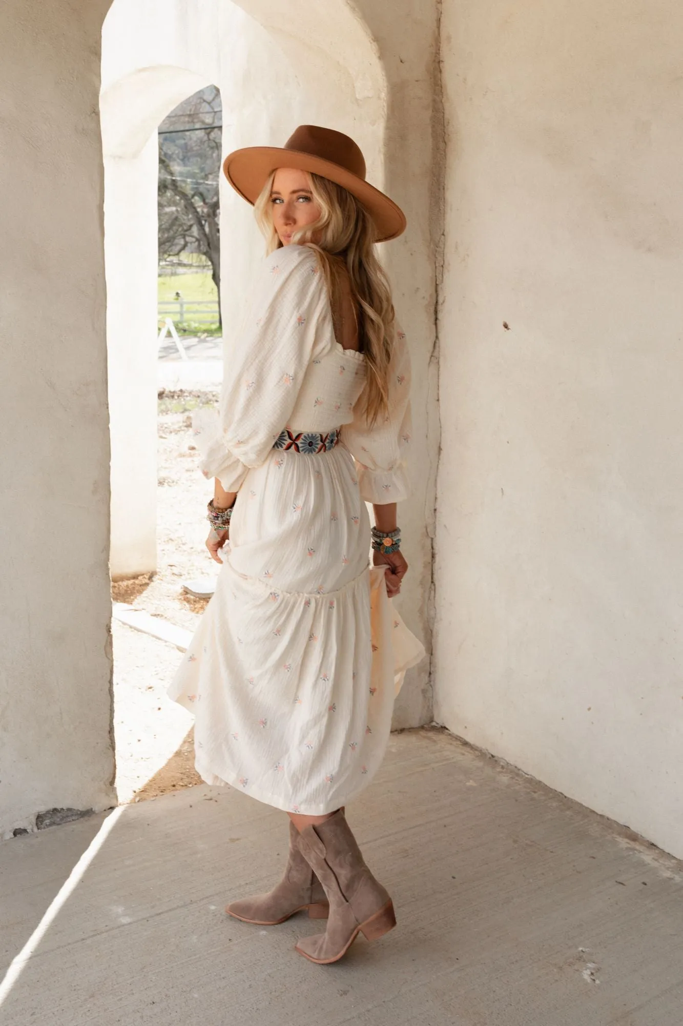 Cream Maxi Dress with Dahlia Floral Embroidery