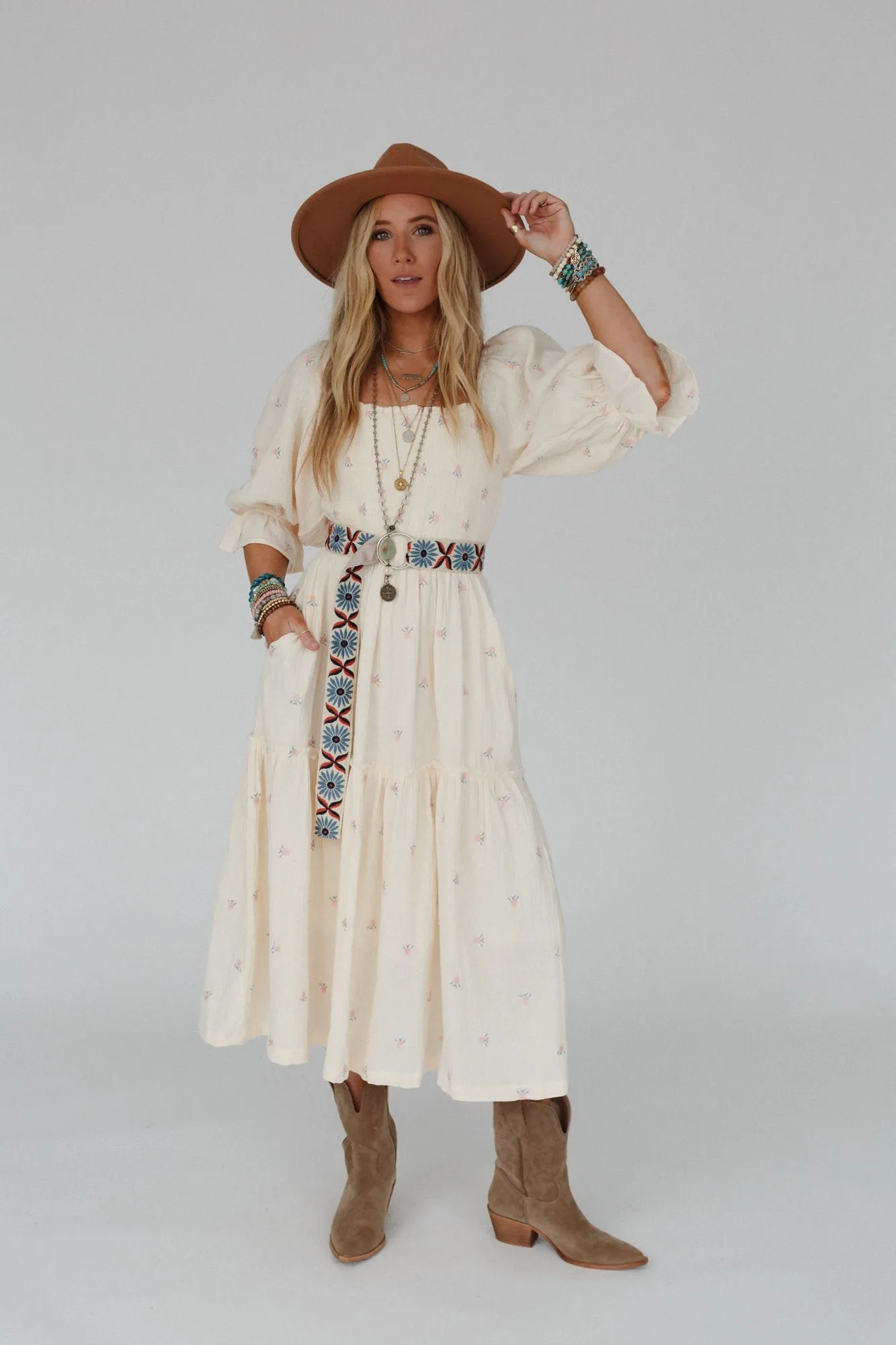 Cream Maxi Dress with Dahlia Floral Embroidery