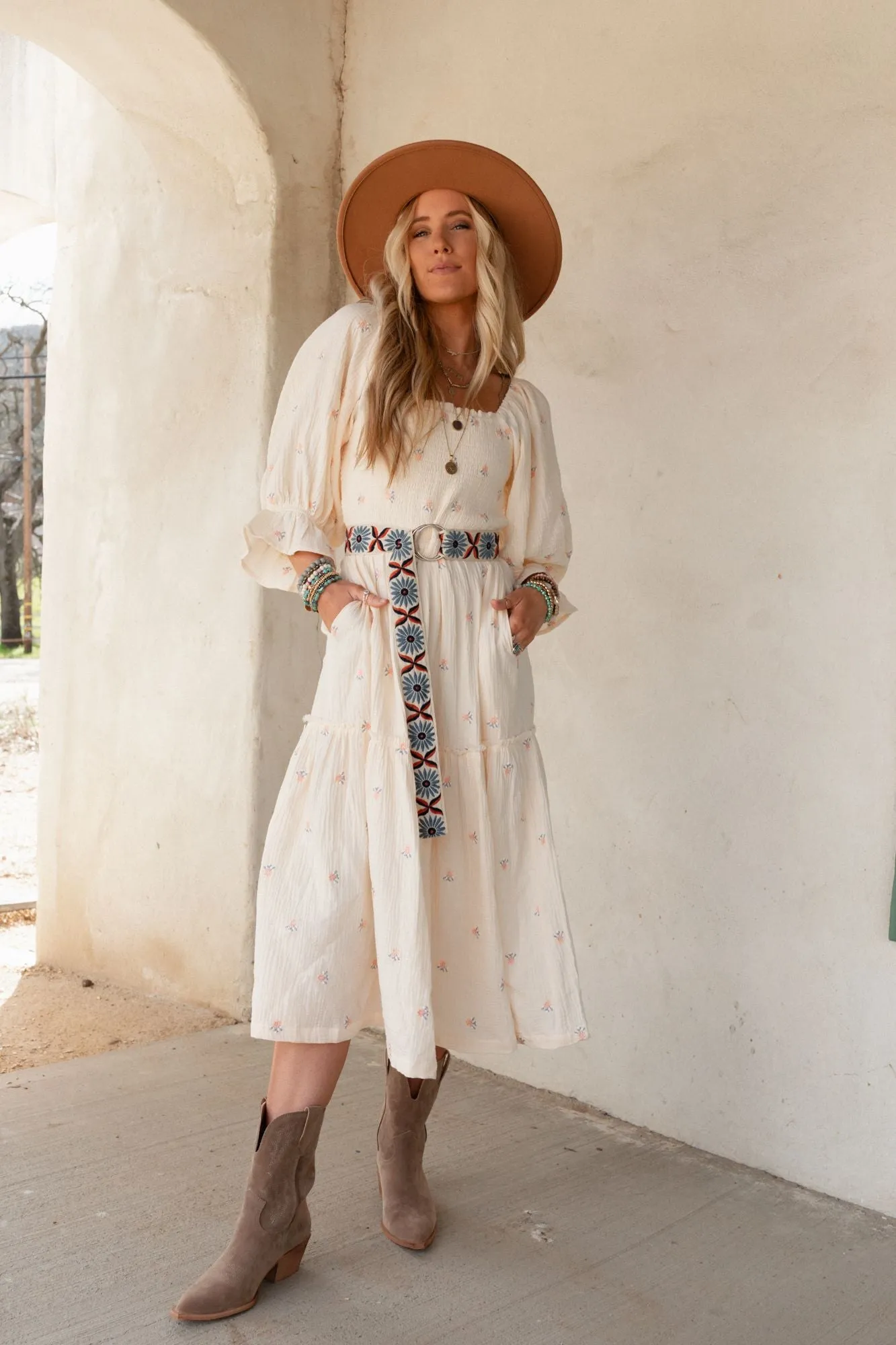 Cream Maxi Dress with Dahlia Floral Embroidery