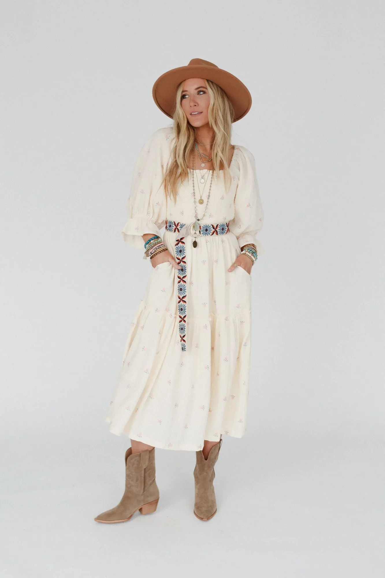 Cream Maxi Dress with Dahlia Floral Embroidery