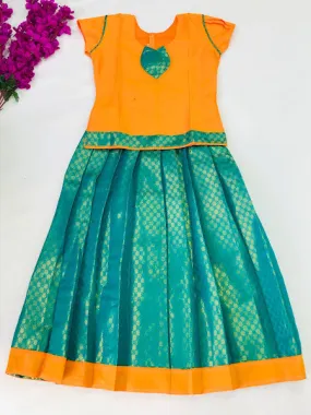 Fabulous Green Color Designer Silk Langa Set With Zari Work For Girls