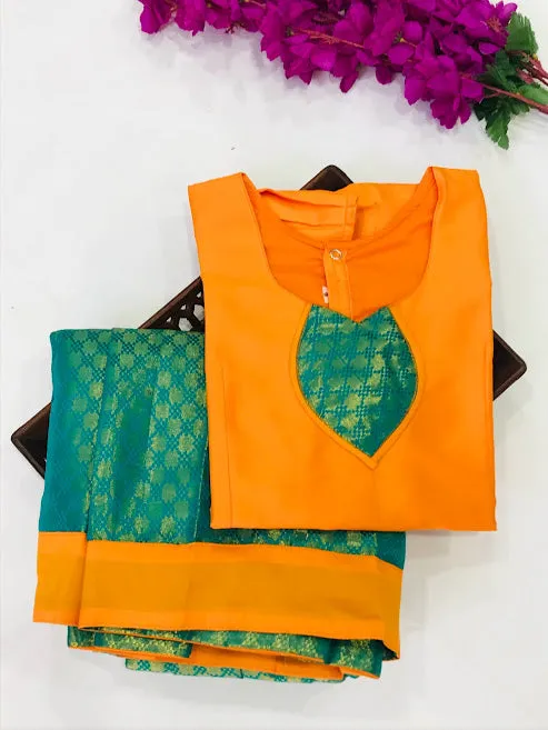 Fabulous Green Color Designer Silk Langa Set With Zari Work For Girls