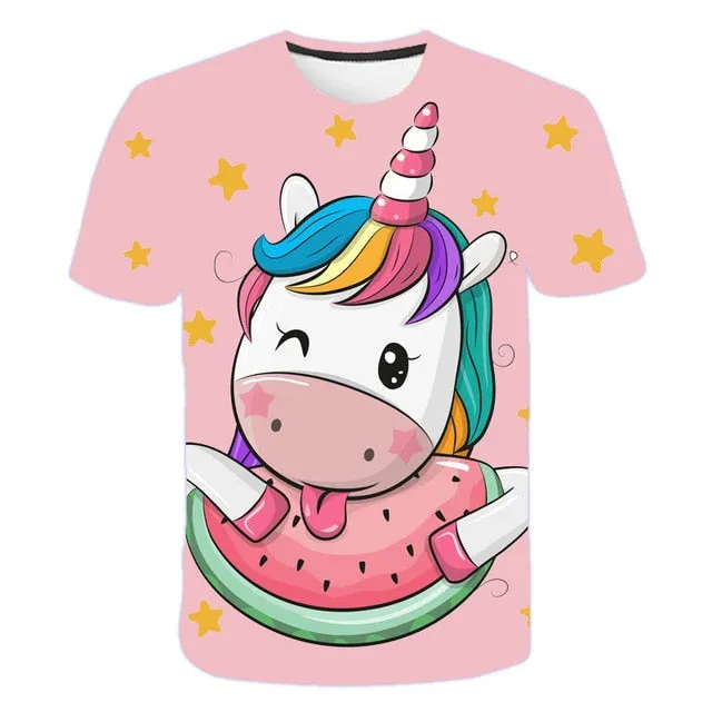 girls 3D unicorn Print T-shirts cute unicorno tshirt Girls NEW Summer Tees Top Clothing Children cartoon Clothes Casual xxx teen