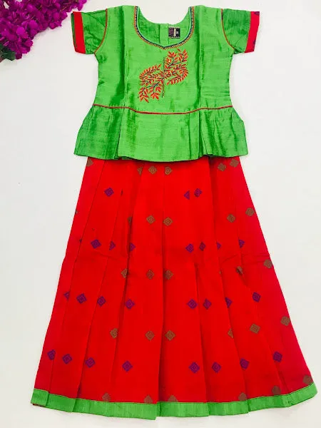 Gorgeous Art Silk Green And Red Color Embroidered Work Langa Set