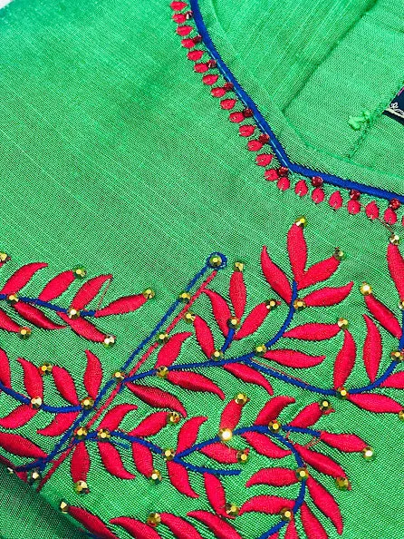 Gorgeous Art Silk Green And Red Color Embroidered Work Langa Set