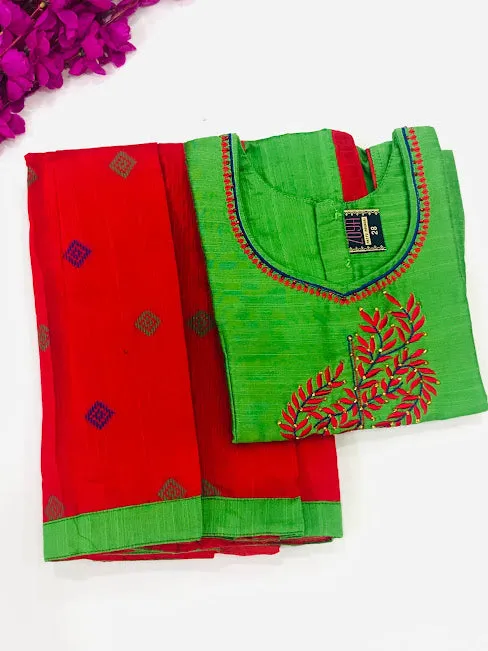 Gorgeous Art Silk Green And Red Color Embroidered Work Langa Set