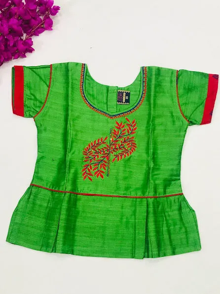 Gorgeous Art Silk Green And Red Color Embroidered Work Langa Set