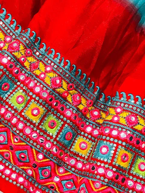 Gorgeous Red Color Festival Wear Mirror Embroidery And Sequins Work Kids Choli Sets