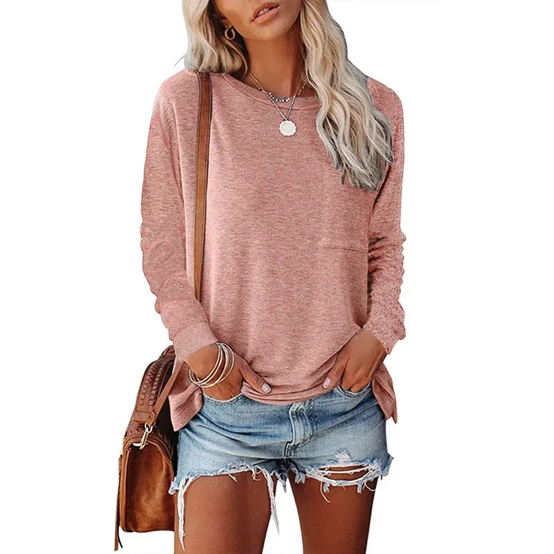 Haute Edition Long Sleeve Heather Round Neck Top with Pocket