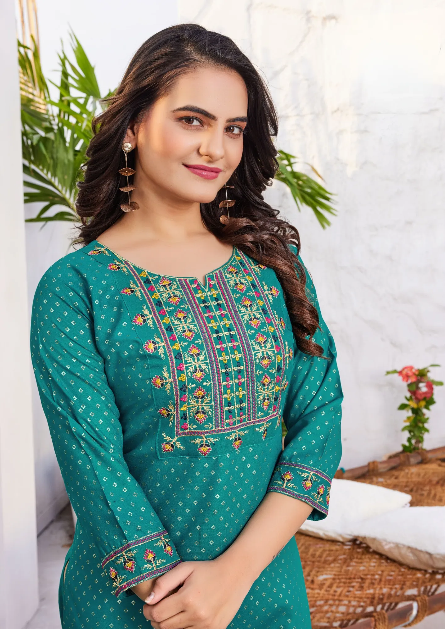 Heavenly Teal Blue Color Rayon Kurti With Zari & Thread Embroidery Work