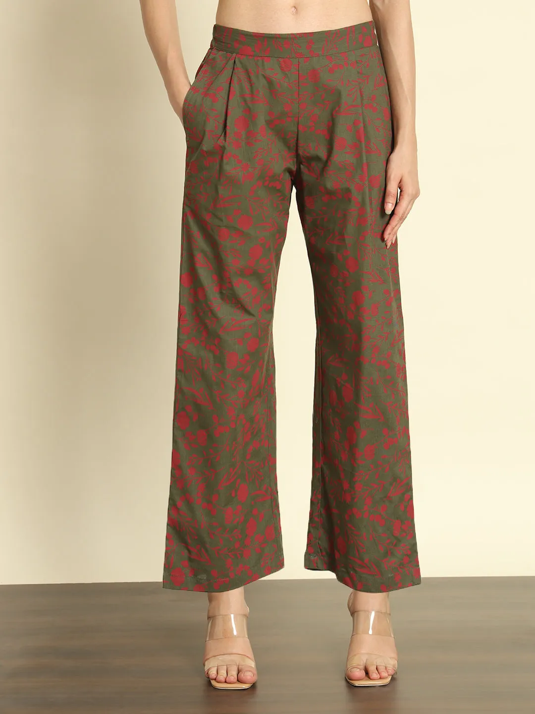 Olive Floral Printed Linen Pants