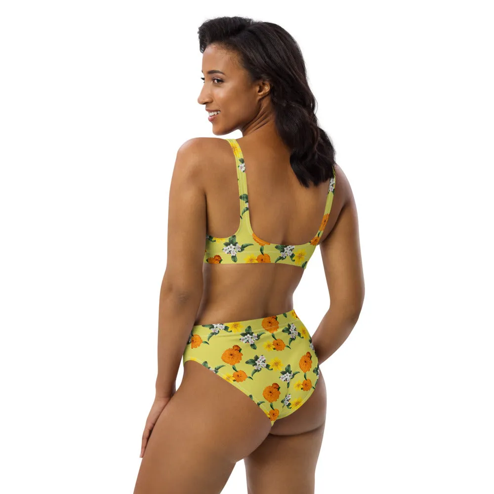 Pale Yellow  Floral Garden Recycled high-waisted bikini