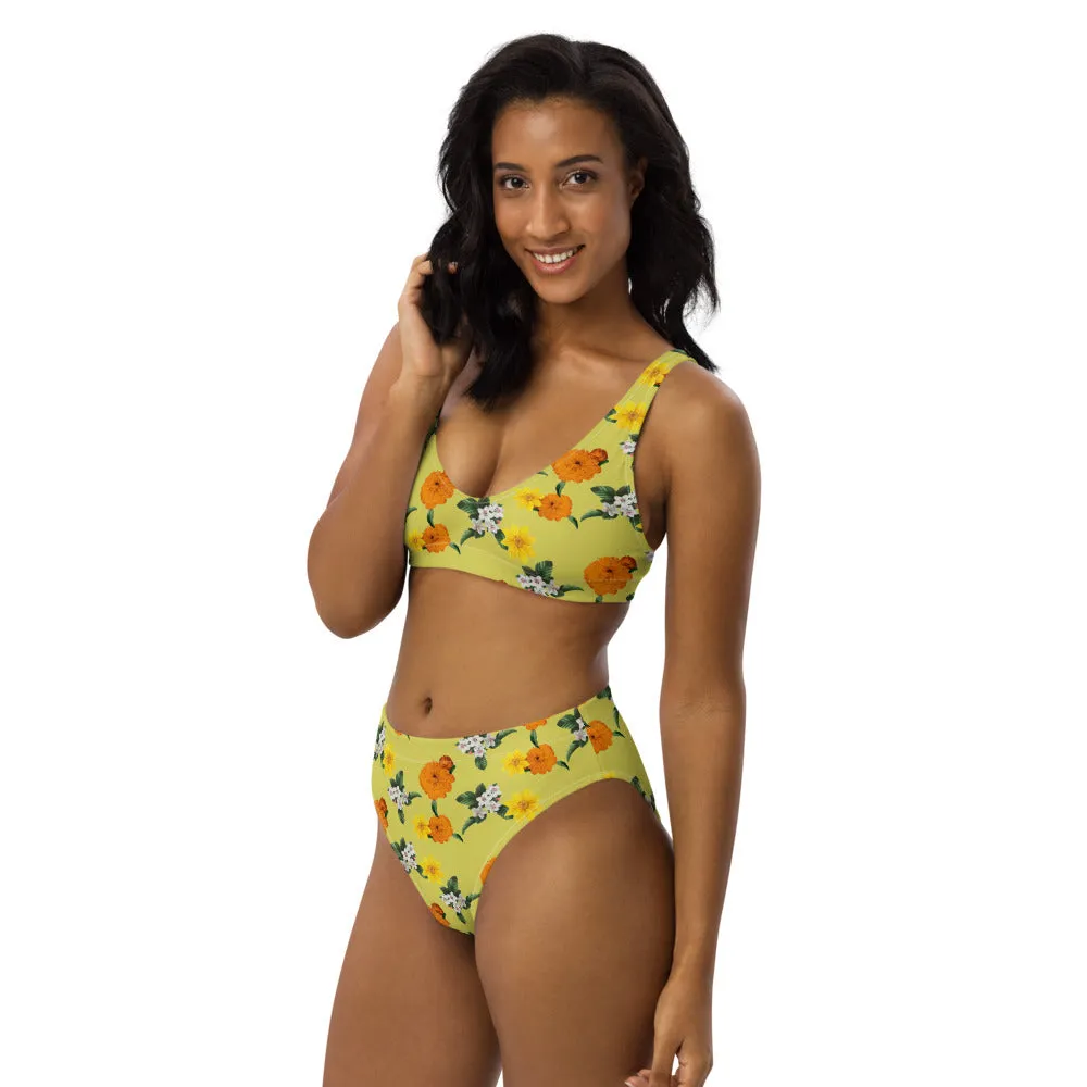 Pale Yellow  Floral Garden Recycled high-waisted bikini