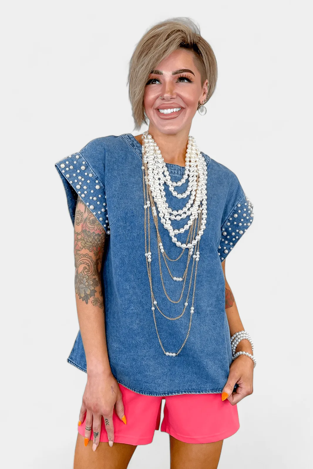 Pearl Embellished Denim Top