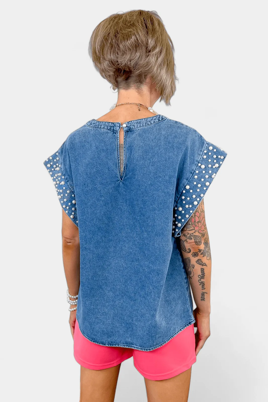 Pearl Embellished Denim Top