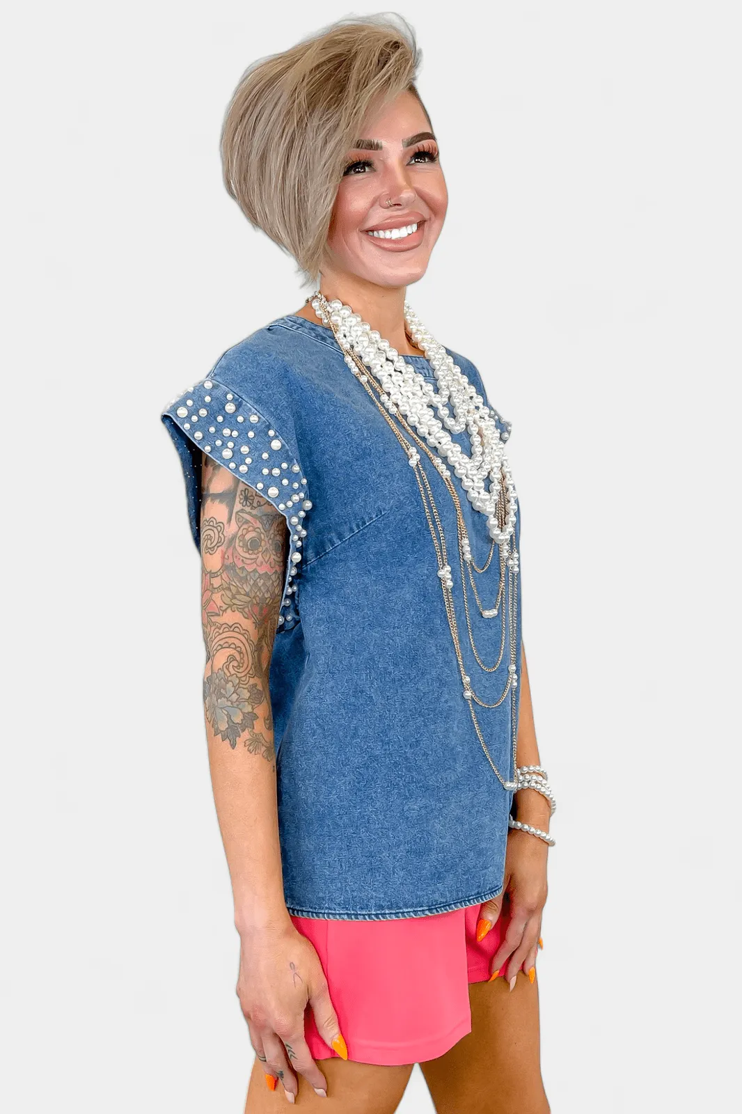 Pearl Embellished Denim Top