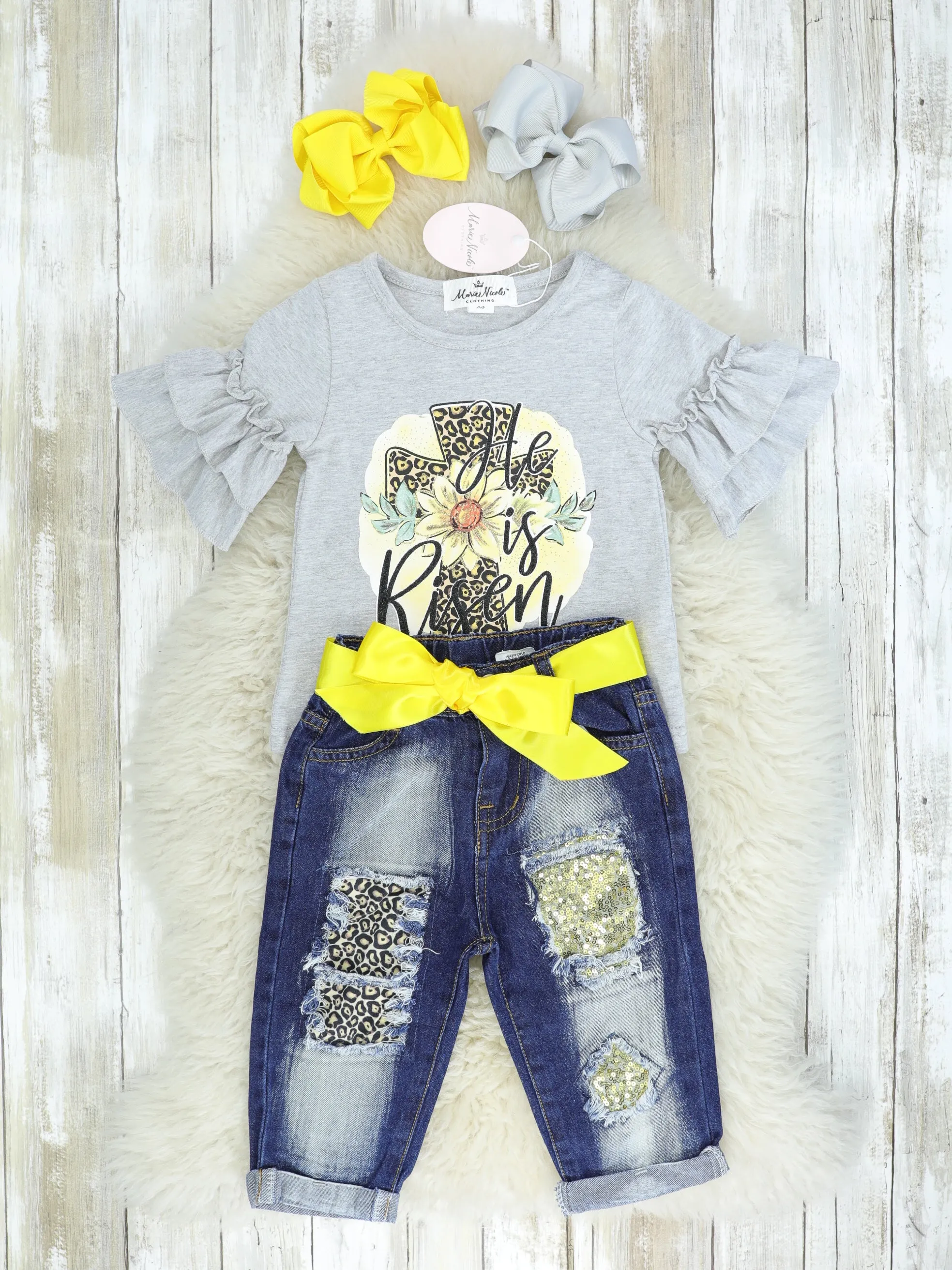 "He Is Risen" Ruffle Top & Distressed Denim Outfit