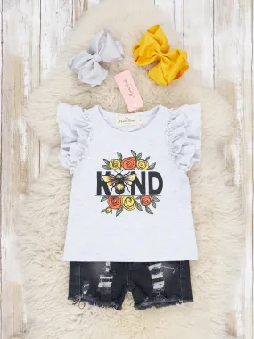 "Kind" Bee Ruffle Top & Denim Shorts Outfit