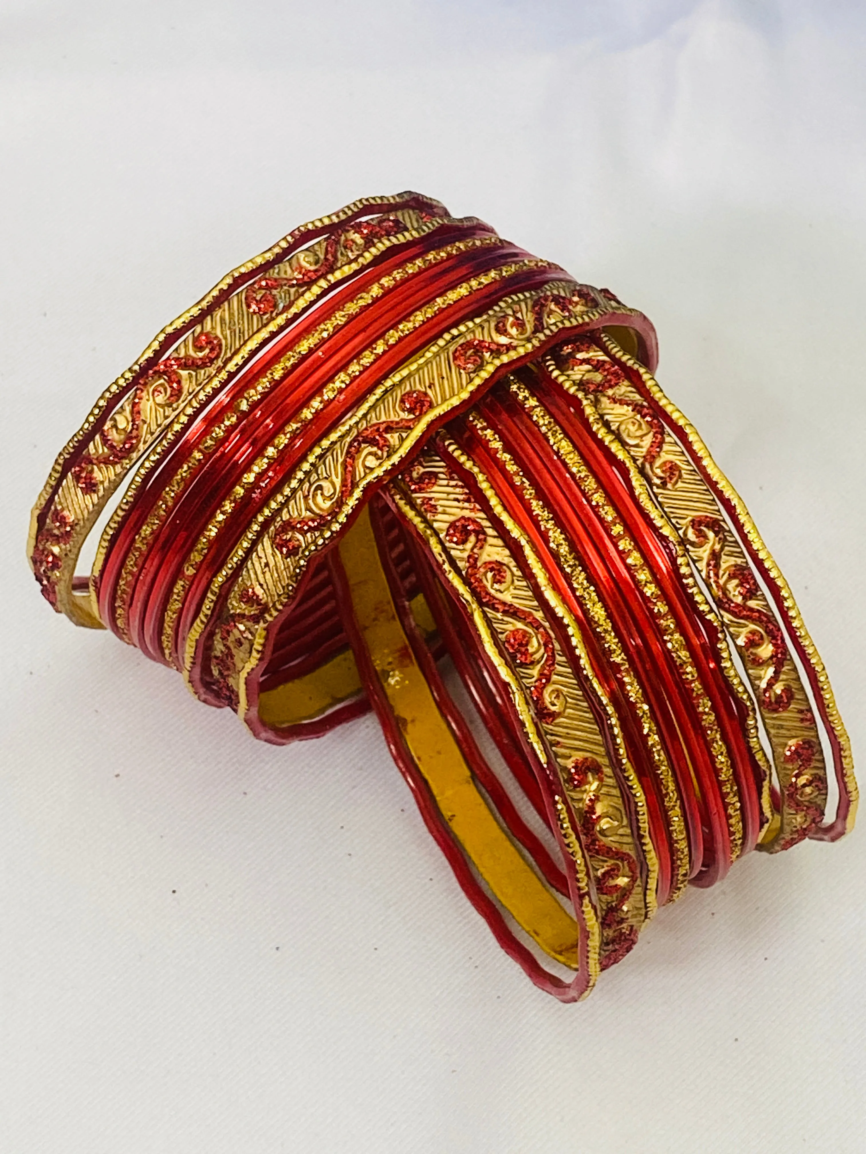 Red Color Exquisite Shinning Metal Bangles With Golden Work