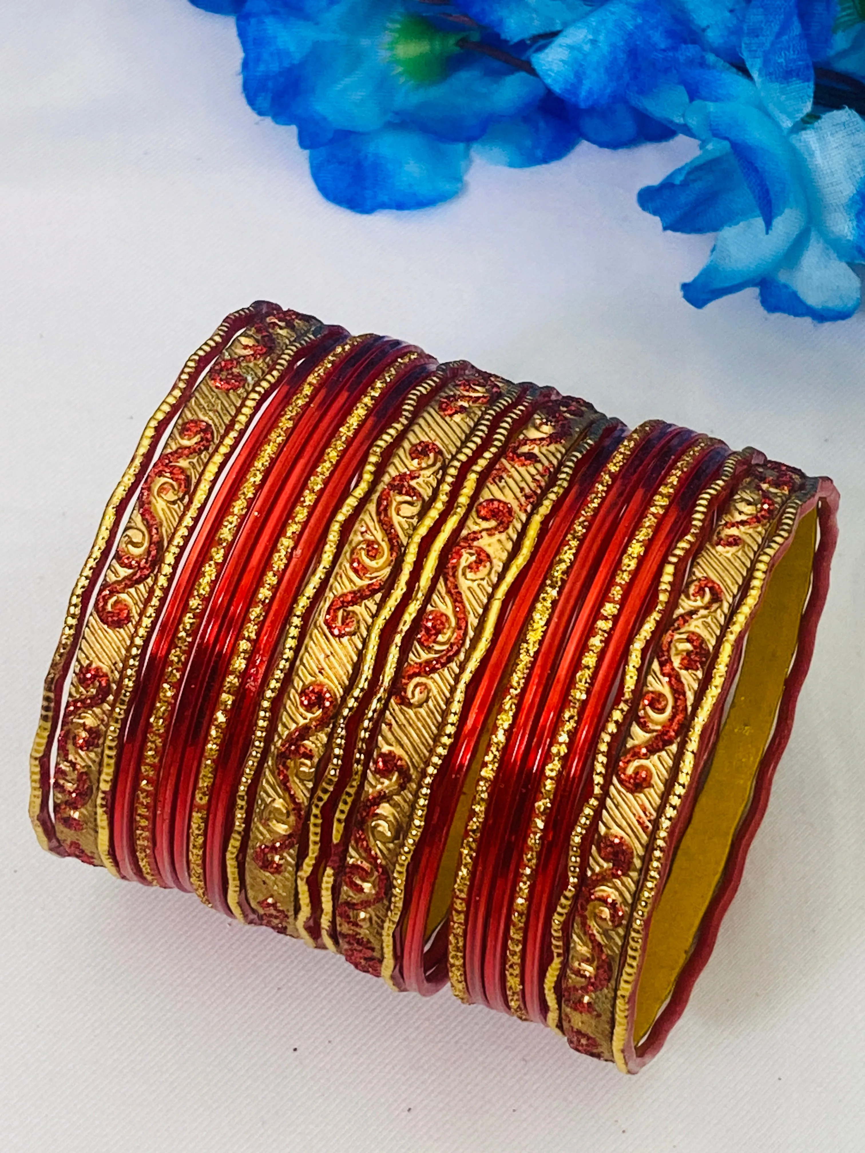 Red Color Exquisite Shinning Metal Bangles With Golden Work